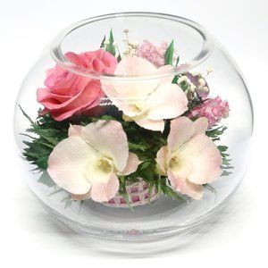 Flowers Natural Pink Roses and Orchids with Greenery in a Glass Vase